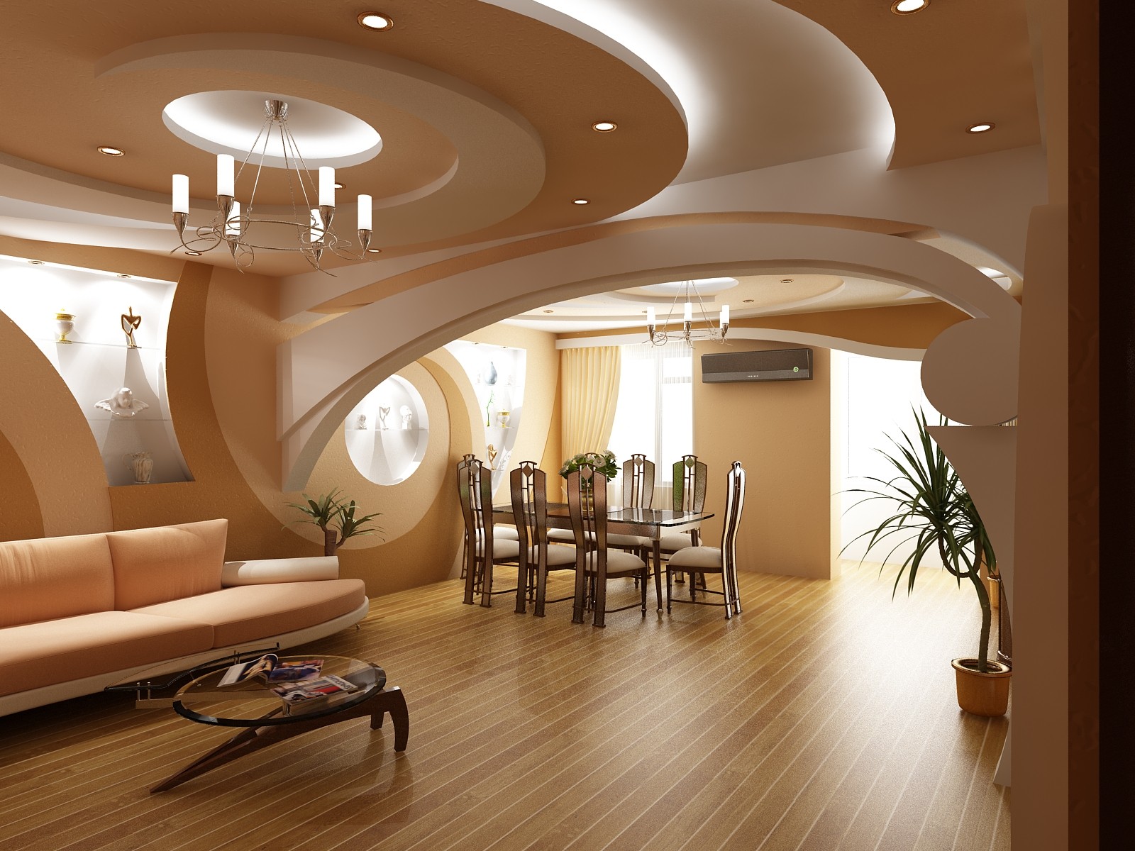 Дизайн потолков из гипсокартона в зале